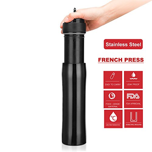 BRBHOM 12oz Travel French Press Mug Coffee Maker Stainless Double Wall Tumbler for Camping Black