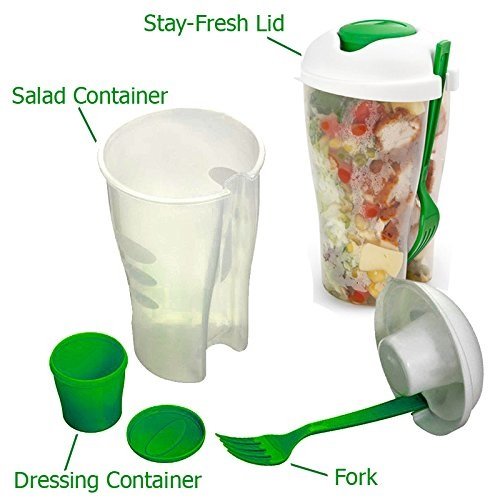 Clever Home Fresh Salad Container To Go Serving Cup with Dressing Container and Fork White and Green - Set of 2