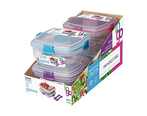 Sistema To Go Collection Salad to Go Food Storage Container 2 Pack 37 oz Clear with Assorted Color Accents