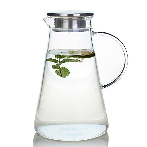 Purefold 63 Ounces Large Glass Carafe with Stainless Steel Lid Hot and Cold Water Glass Pitcher