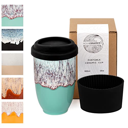 Nova Ceramics Reusable Coffee Cup Ceramic Travel Mug with Lid Portable Coffee Cup Unique to Go Mug Aqua with Running Purple Glaze 12oz Nebula