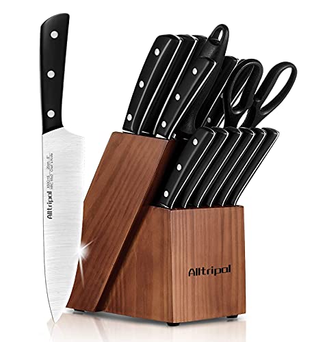 Alltripal Kitchen Knife Set with Wooden Block 16 Pieces Knives Set with Sharpener Premium German Stainless Steel Knife Block Set with Japanese Designed Pom Handle Kitchen Shear  6 Steak Knives