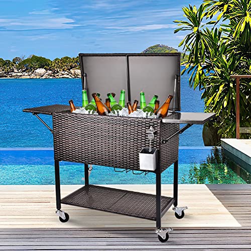 Grepatio 80 Quart Rattan Rolling Cooler Cart Portable Wicker Cooler Trolley Beverage for Patio Pool Party Ice Chest with Cutting Board Bottle Opener Cap Catch and Cover (Single Top  Brown)