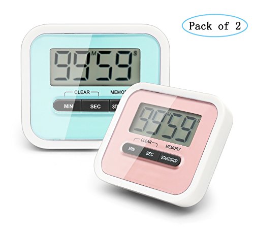 Digital Kitchen Timer PJS-MAX Cooking Timer Clock with Loud Alarm Magnetic Back and Retractable Stand Minute Second Countdown Clear LCD Display Pack of 2Blue and Pink