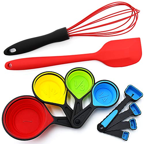 Silicone Whisk - Collapsible Measuring Cups and Spoons - Baking Spatula - 10 Piece Set - Cooking Kitchen Utensils